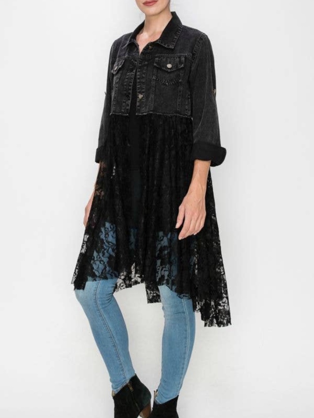 SM225 | Chic Cropped Denim & Lace Layering Jacket